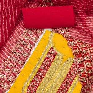 Yellow Woven With Sequins Embroidery Chanderi Dress Material