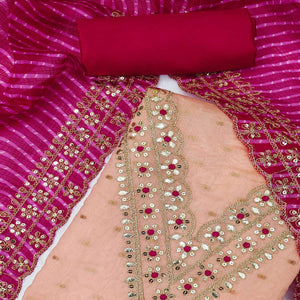 Peach Woven With Sequins Embroidery Chanderi Dress Material