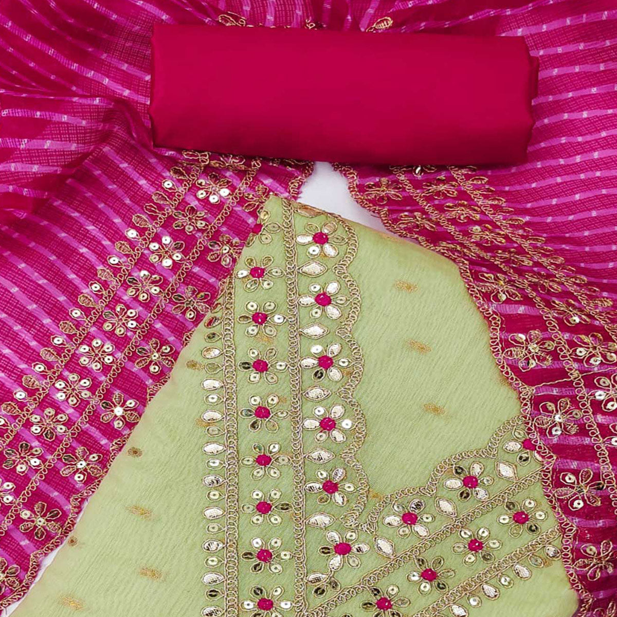 Pista Green Woven With Sequins Embroidery Chanderi Dress Material