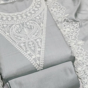 Grey Paisley Floral Embroidered Art Silk Dress Material