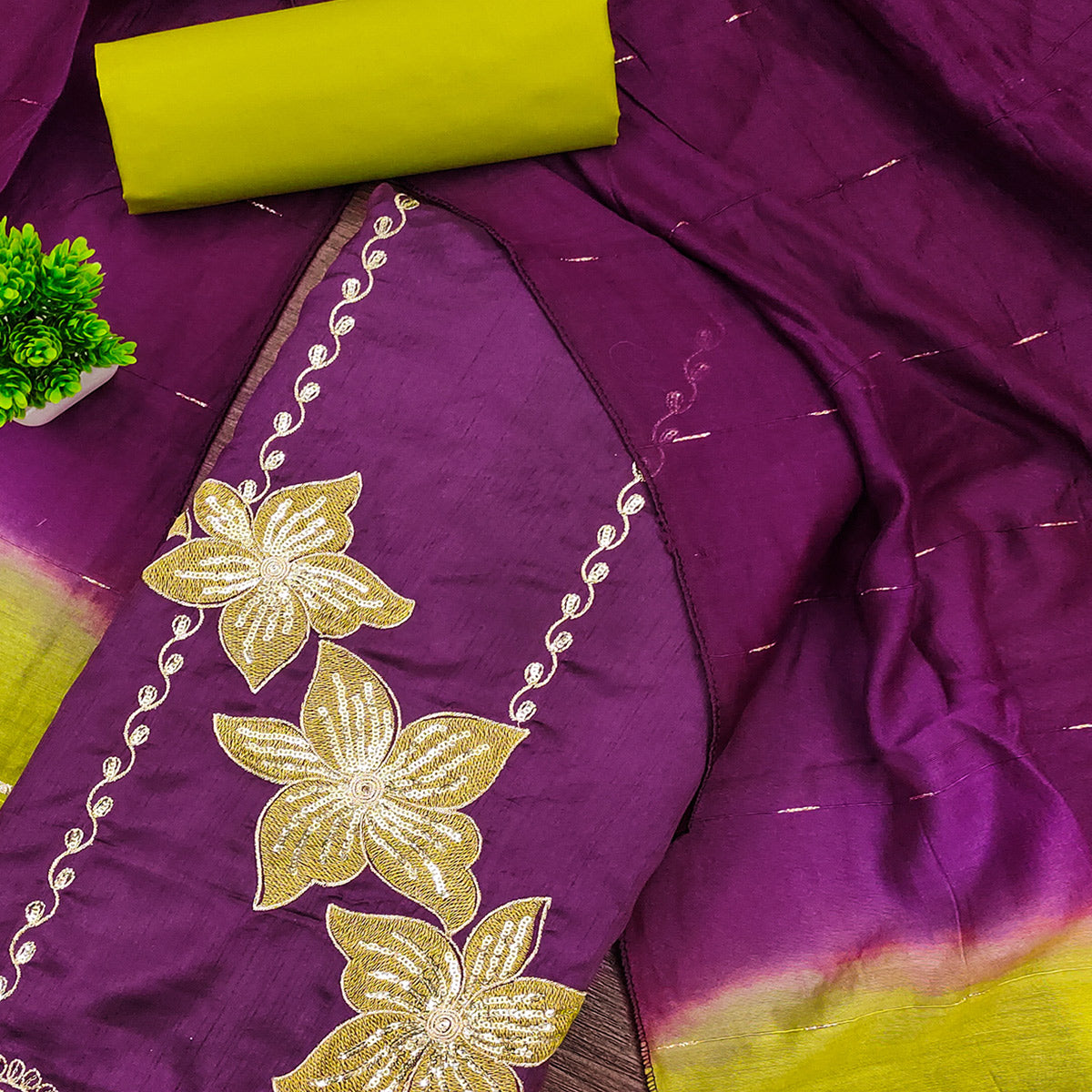 Purple Floral Sequins Embroidered Art Silk Dress Material