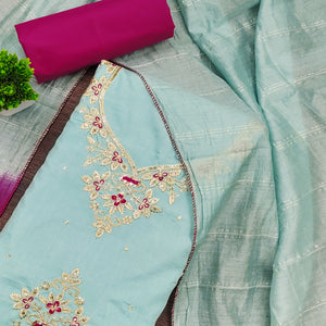 Blue Floral Sequins Embroidered Art Silk Dress Material