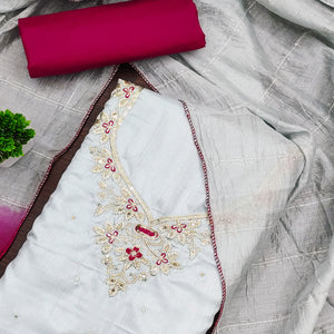 Grey Floral Sequins Embroidered Art Silk Dress Material