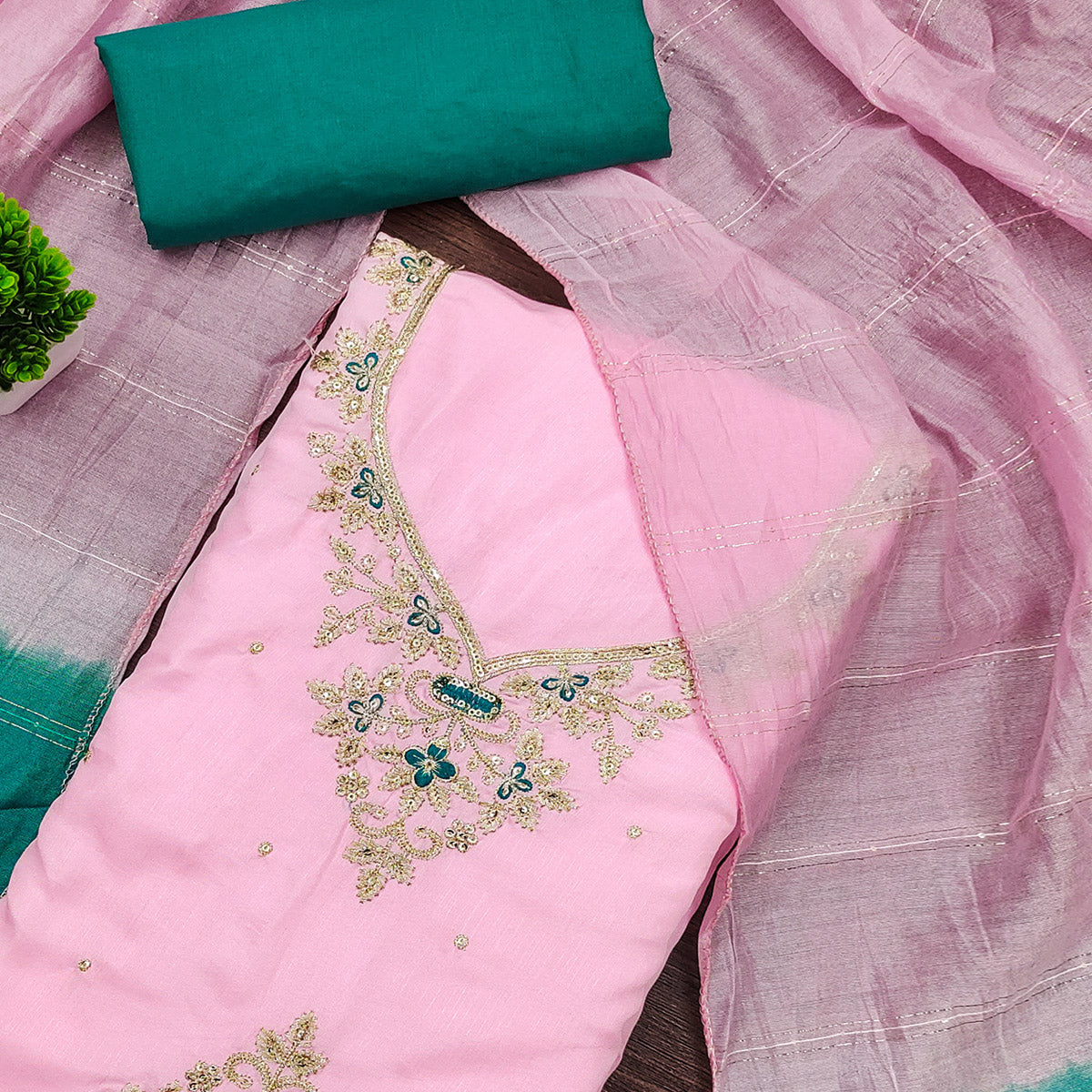 Pink Floral Sequins Embroidered Art Silk Dress Material