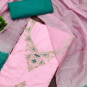 Pink Floral Sequins Embroidered Art Silk Dress Material