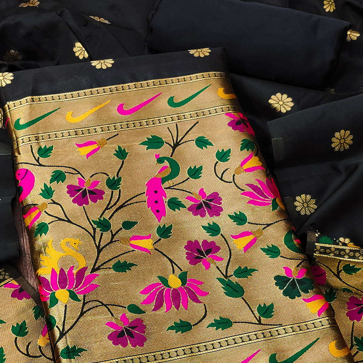 Black Floral Woven Paithani Banarasi Silk Dress Material