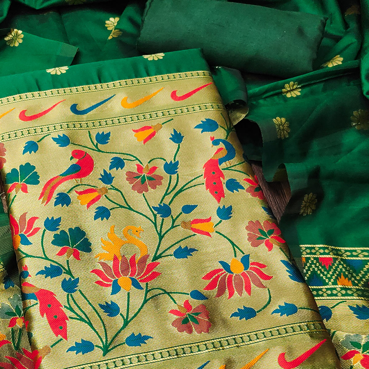Bottle Green Floral Woven Paithani Banarasi Silk Dress Material