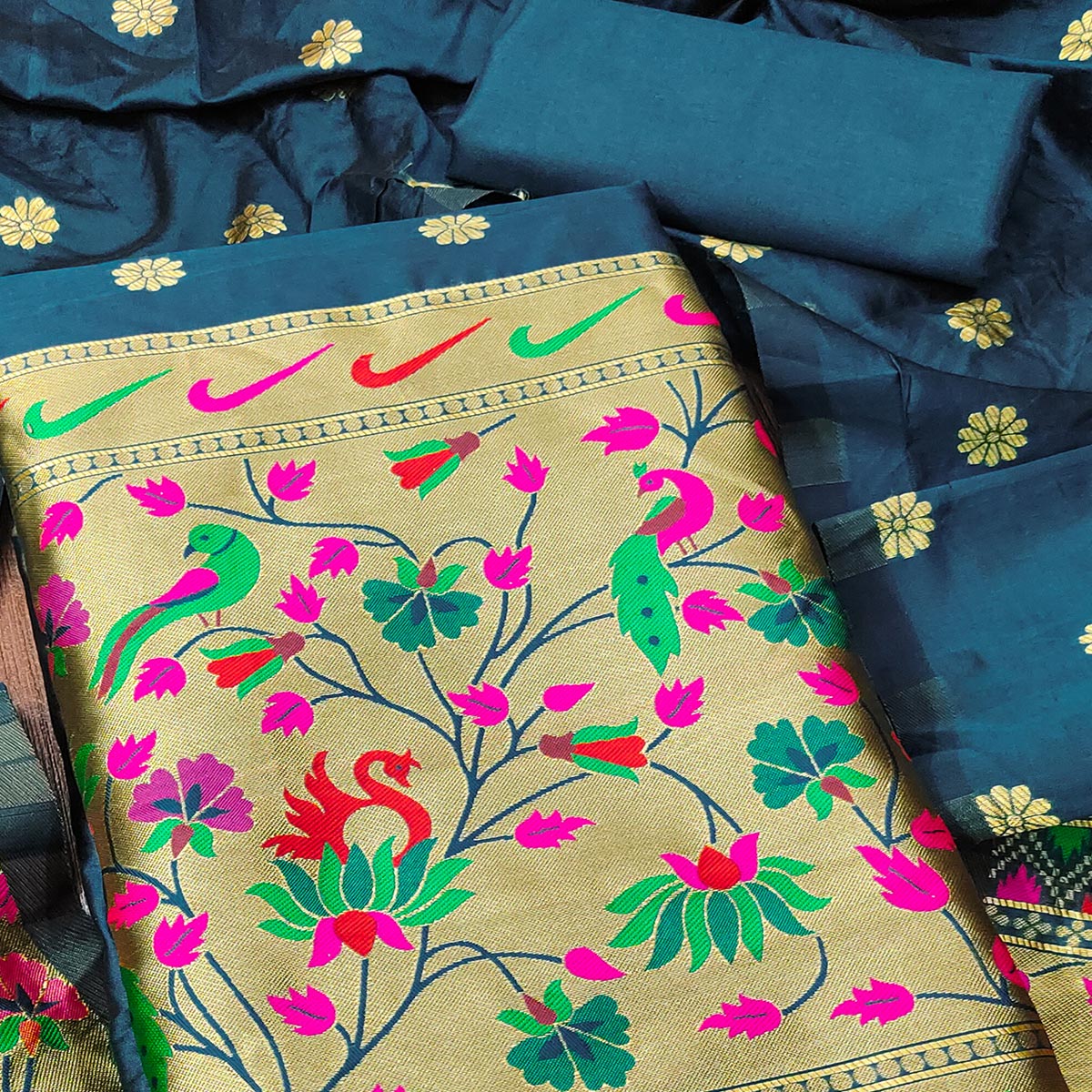 Morpich Blue Floral Woven Paithani Banarasi Silk Dress Material