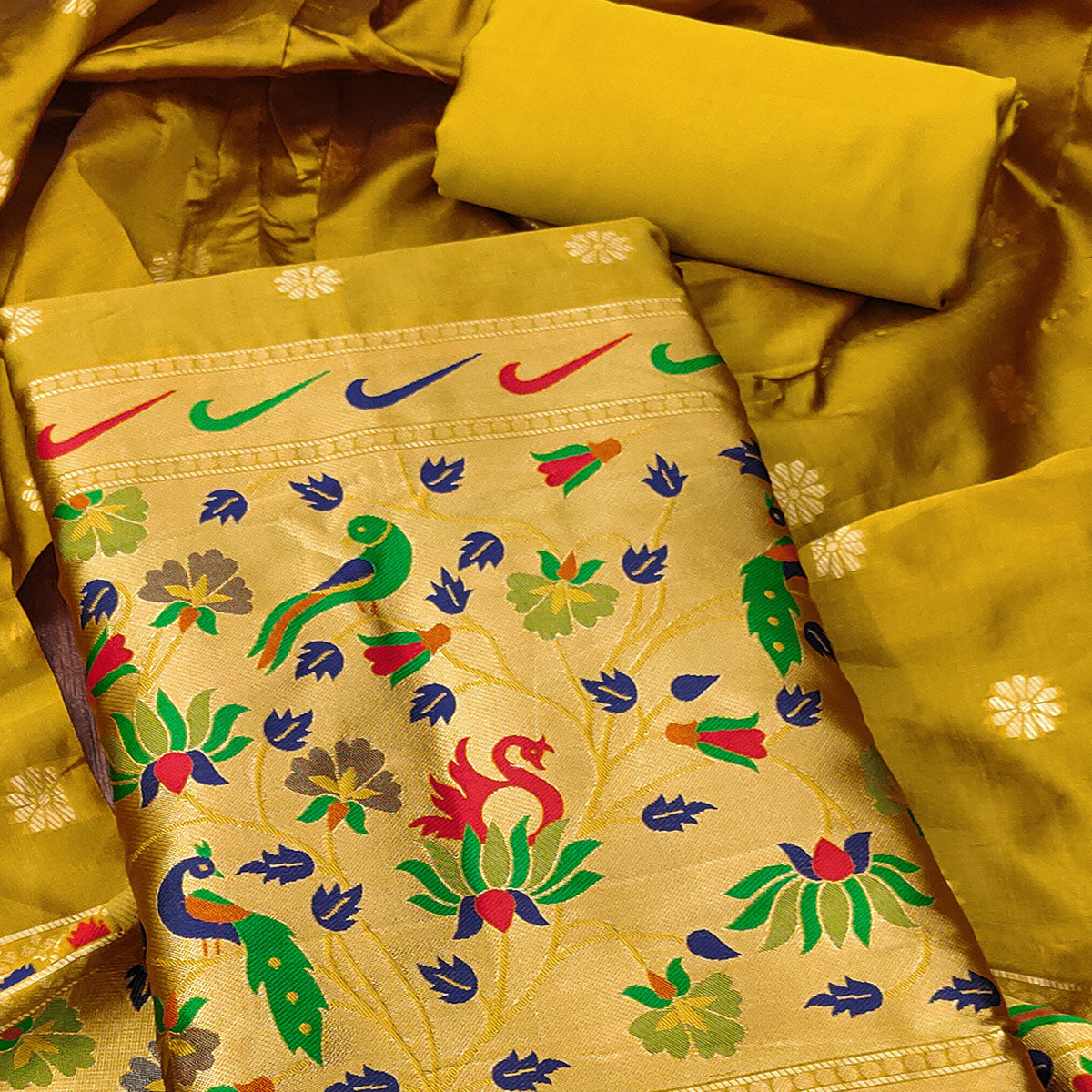 Mustard Floral Woven Paithani Banarasi Silk Dress Material