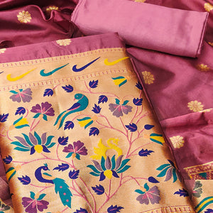 Onion Pink Floral Woven Paithani Banarasi Silk Dress Material