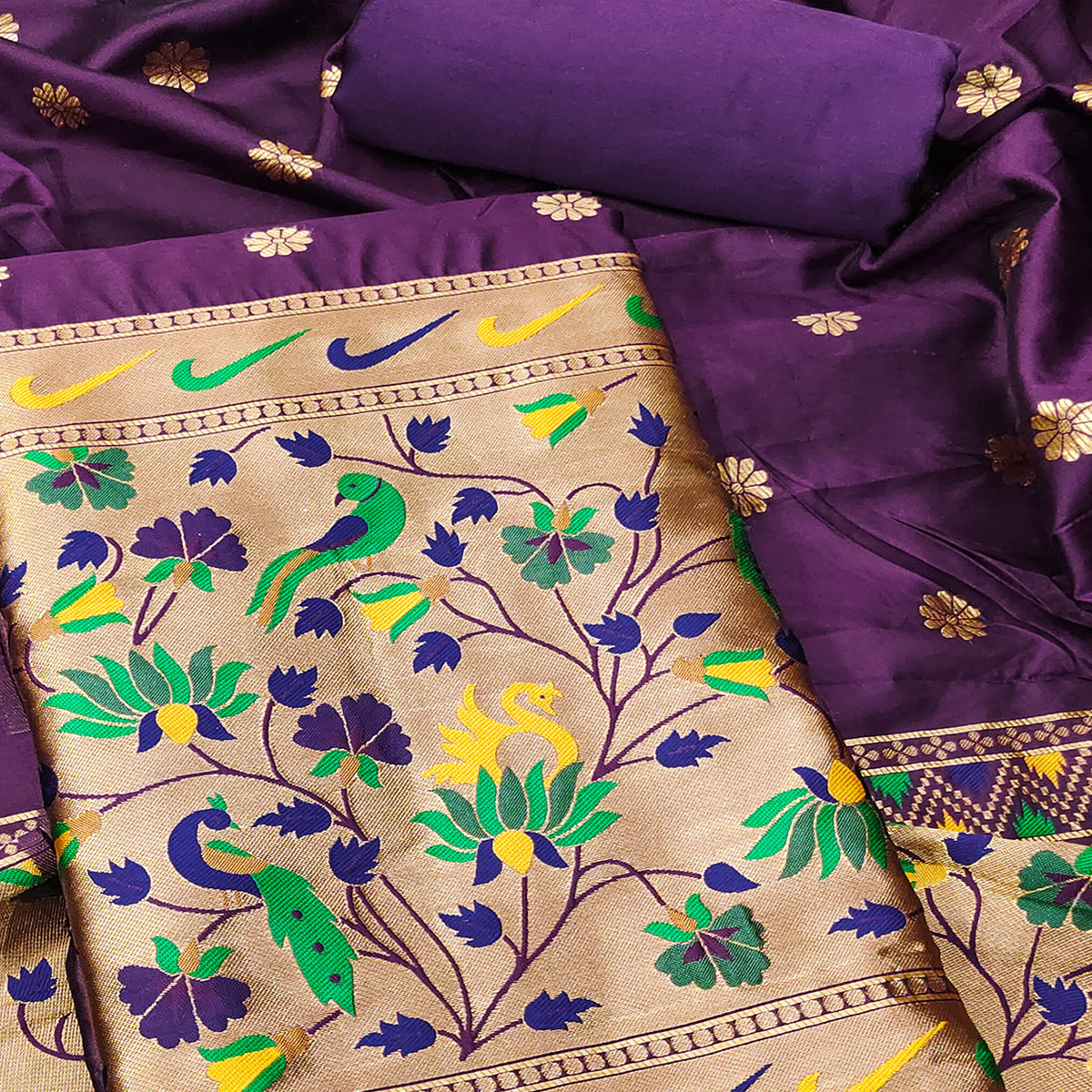 Purple Floral Woven Paithani Banarasi Silk Dress Material