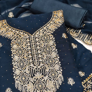 Blue Floral Embroidered With Stonework Georgette Dress Material