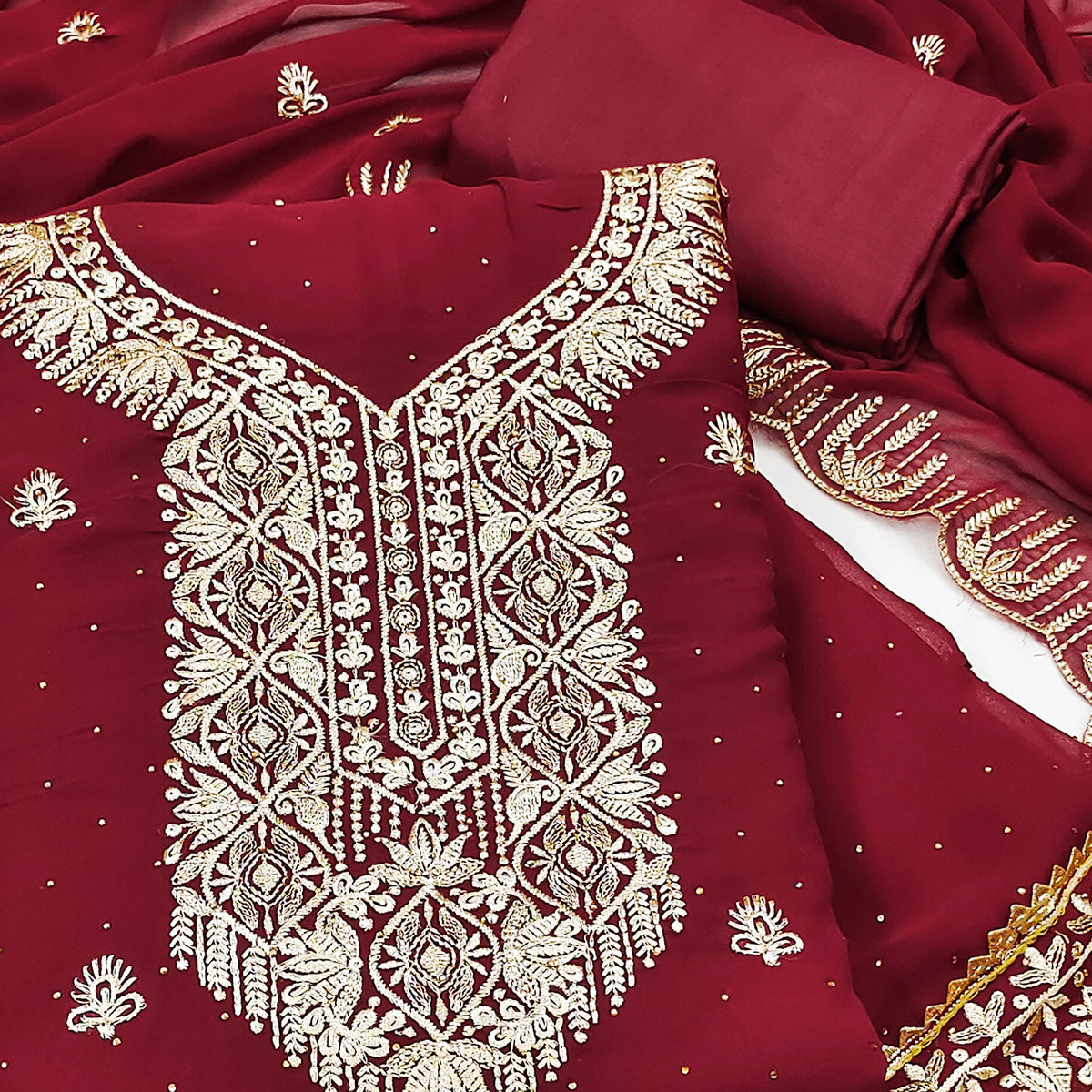Maroon Floral Embroidered With Stonework Georgette Dress Material
