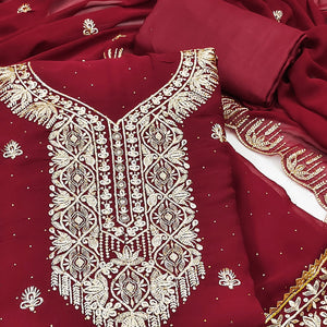 Maroon Floral Embroidered With Stonework Georgette Dress Material