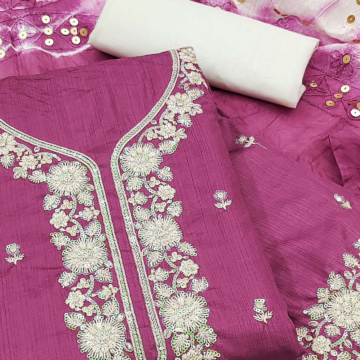 Purple Floral Sequins Embroidered Art Silk Dress Material