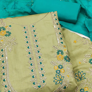 Green Floral Sequins Embroidered Art Silk Dress Material