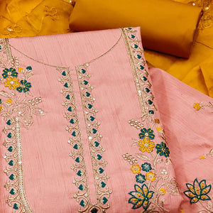 Peach Floral Sequins Embroidered Art Silk Dress Material