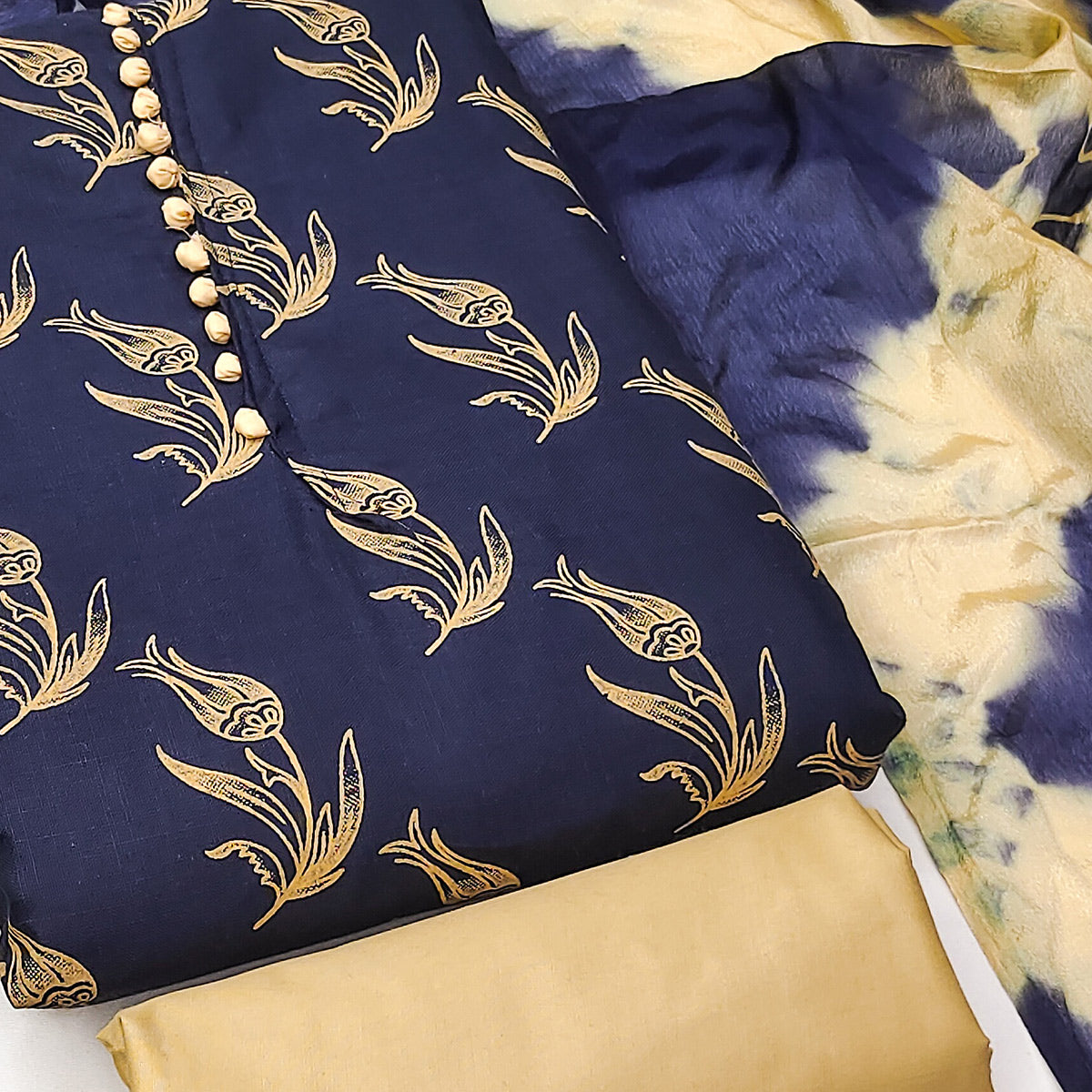 Navy Blue Floral Printed Slub Cotton Dress Material