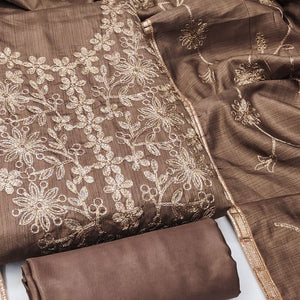 Chikoo Floral Embroidered Art Silk Dress Material