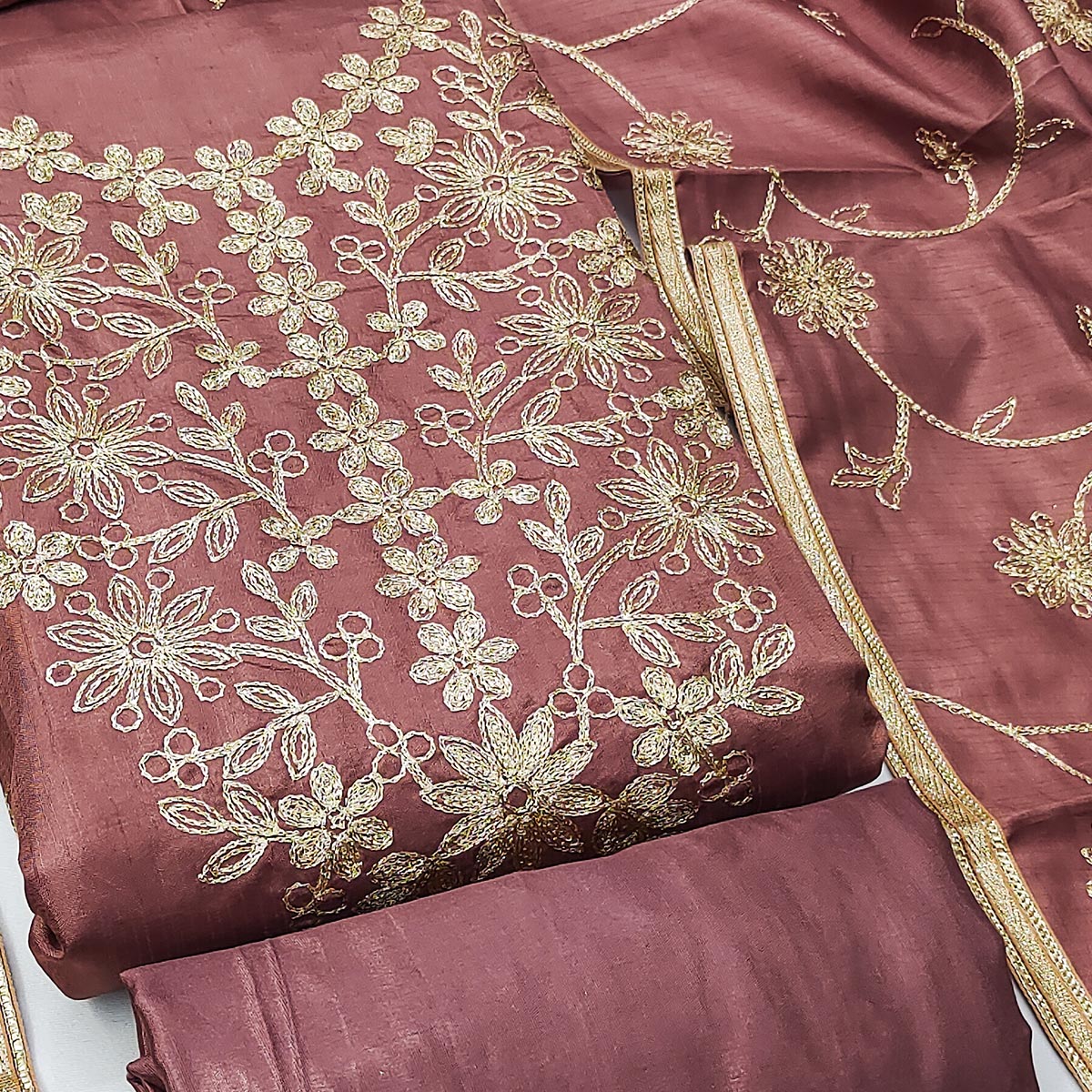 Dusty Rose Pink Floral Embroidered Art Silk Dress Material