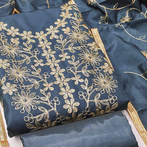 Grey Floral Embroidered Art Silk Dress Material