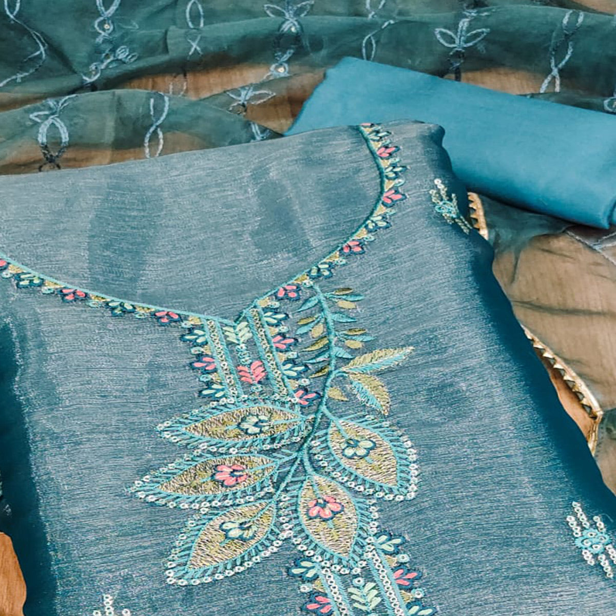 Blue Floral Sequins Embroidered Banarasi Silk Dress Material