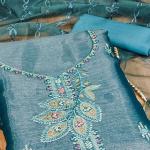 Blue Floral Sequins Embroidered Banarasi Silk Dress Material