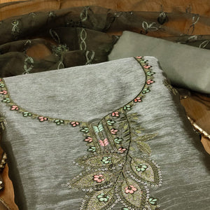 Green Floral Sequins Embroidered Banarasi Silk Dress Material