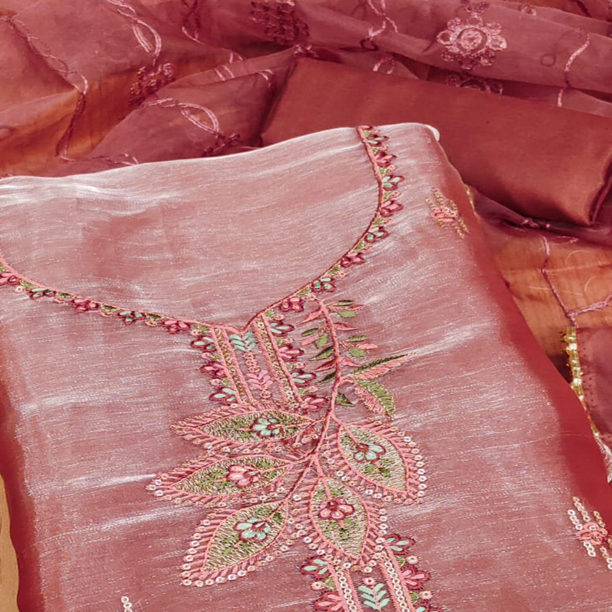 Rust Floral Sequins Embroidered Banarasi Silk Dress Material