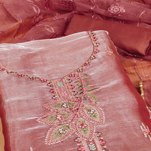 Rust Floral Sequins Embroidered Banarasi Silk Dress Material