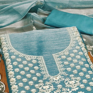 Blue Floral Embroidered Burberry Zoya Silk Dress Material