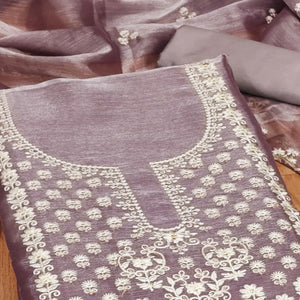 Purple Floral Embroidered Burberry Zoya Silk Dress Material