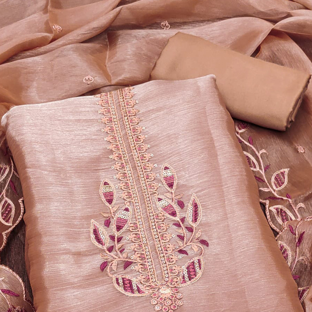 Dusty Peach Floral Sequins Embroidered Burberry Zoya Silk Dress Material