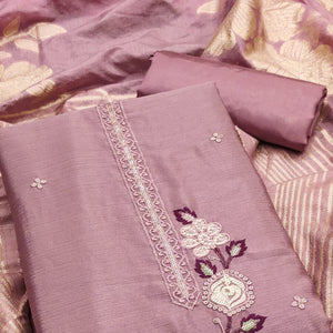 Light Mauve Floral Embroidered Chinon Silk Dress Material