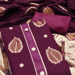 Wine Floral Woven Shimmer Jacquard Dress Material