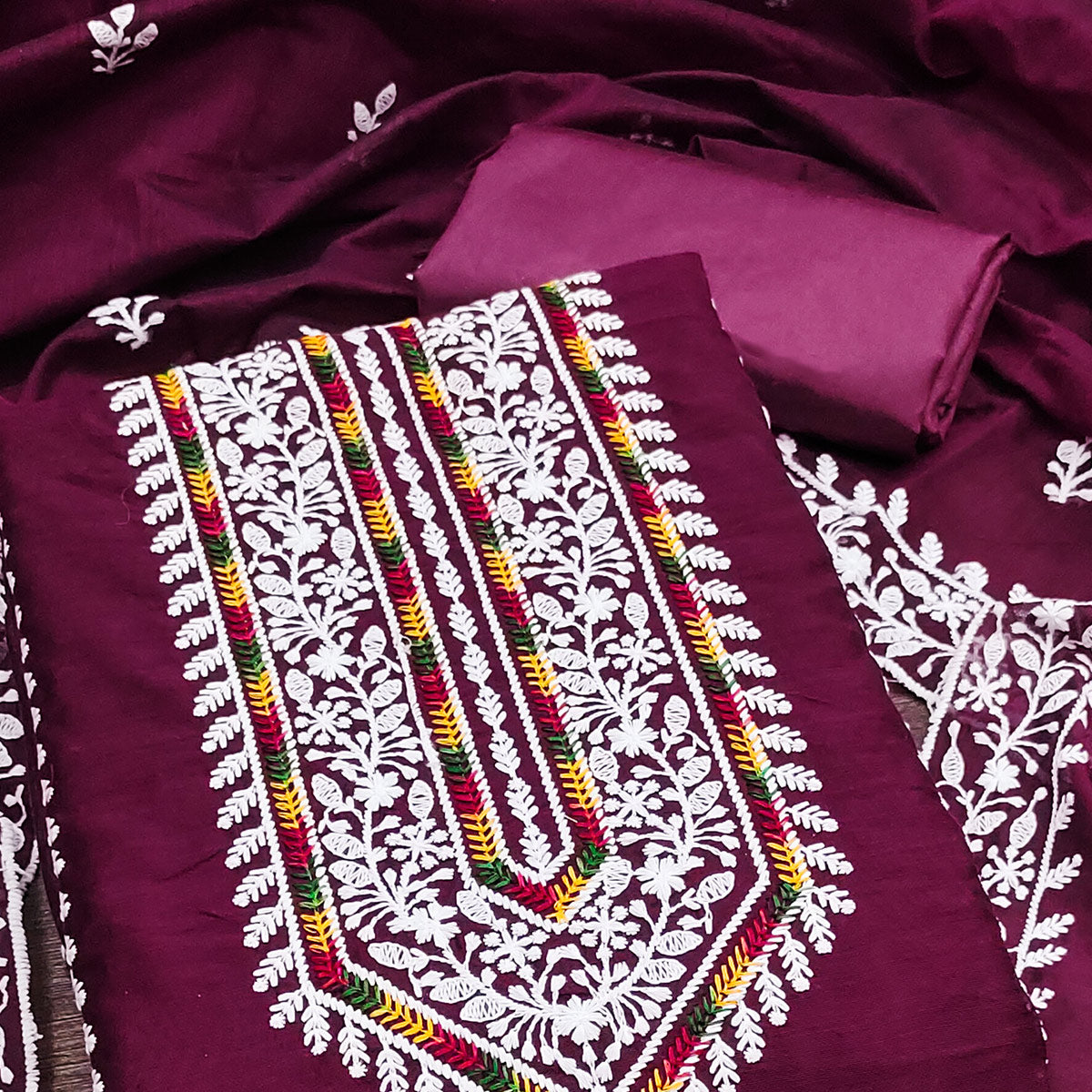 Wine Floral Embroidered Modal Chanderi Silk Dress Material