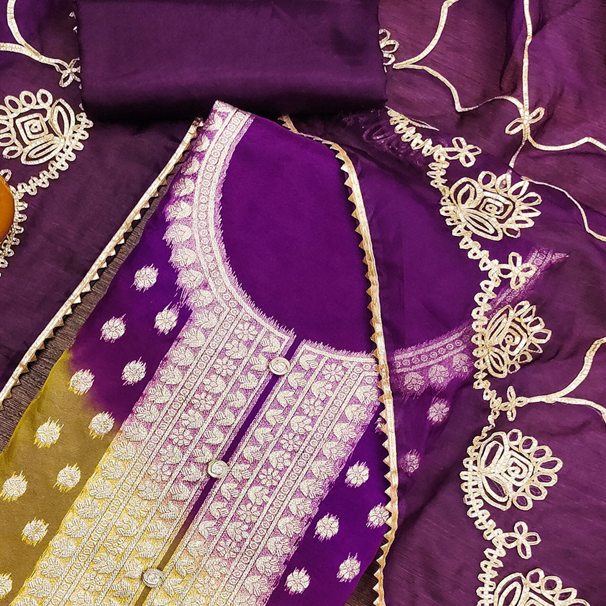 Purple Floral Woven Organza Jacquard Dress Material