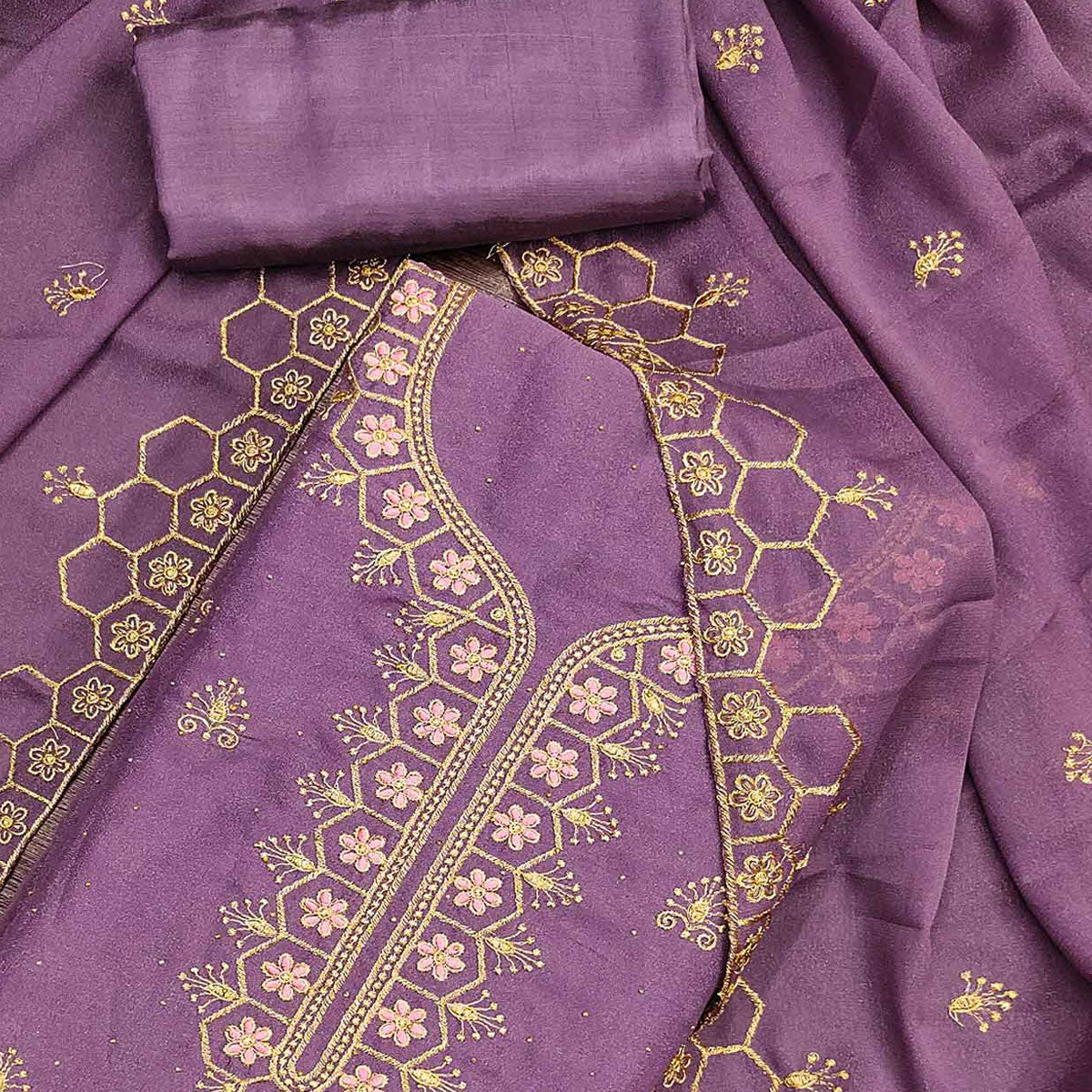 Lavender Floral Embroidered Georgette Dress Material