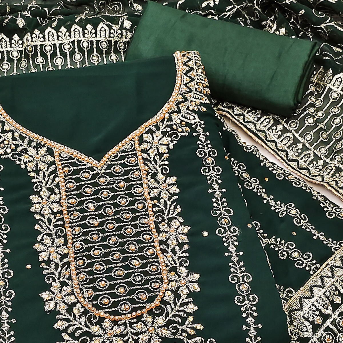 44Green Floral Embroidered Georgette Dress Material