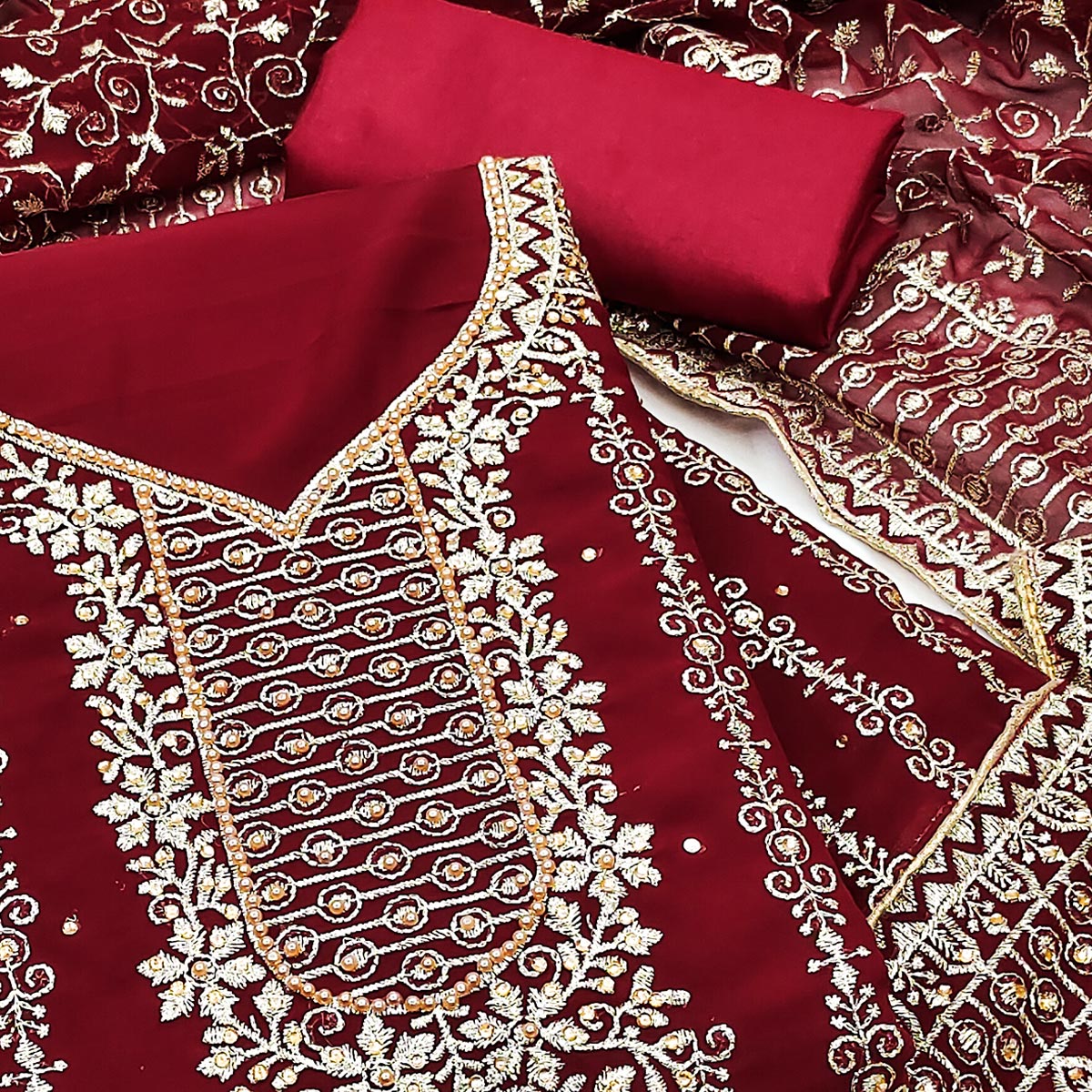 Maroon Floral Embroidered Georgette Dress Material