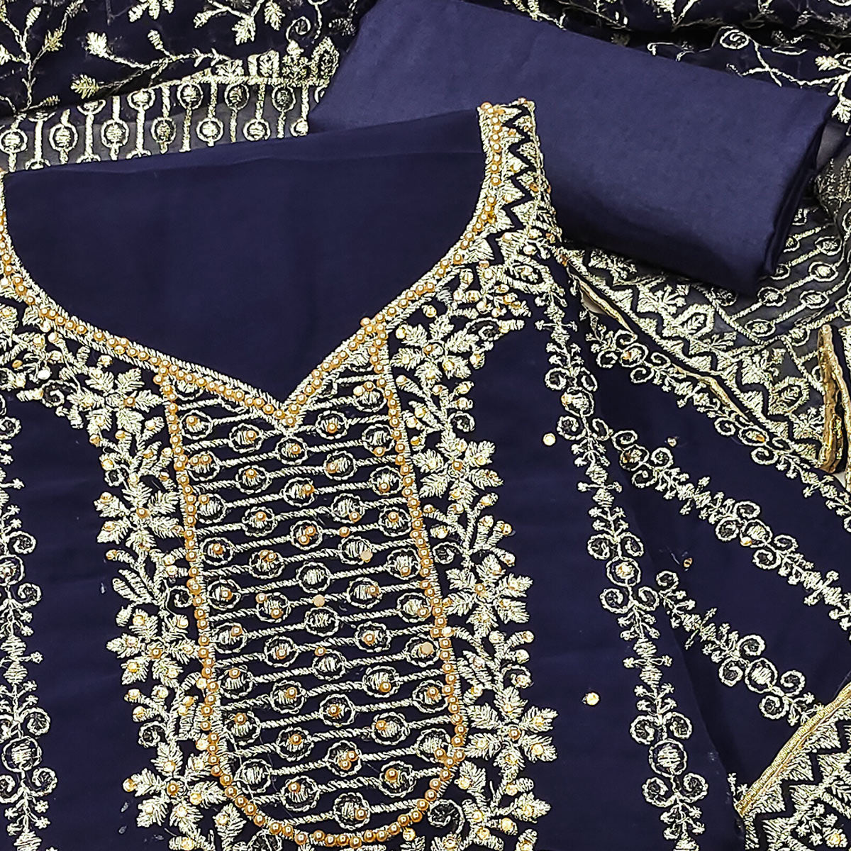 Navy Blue Floral Embroidered Georgette Dress Material