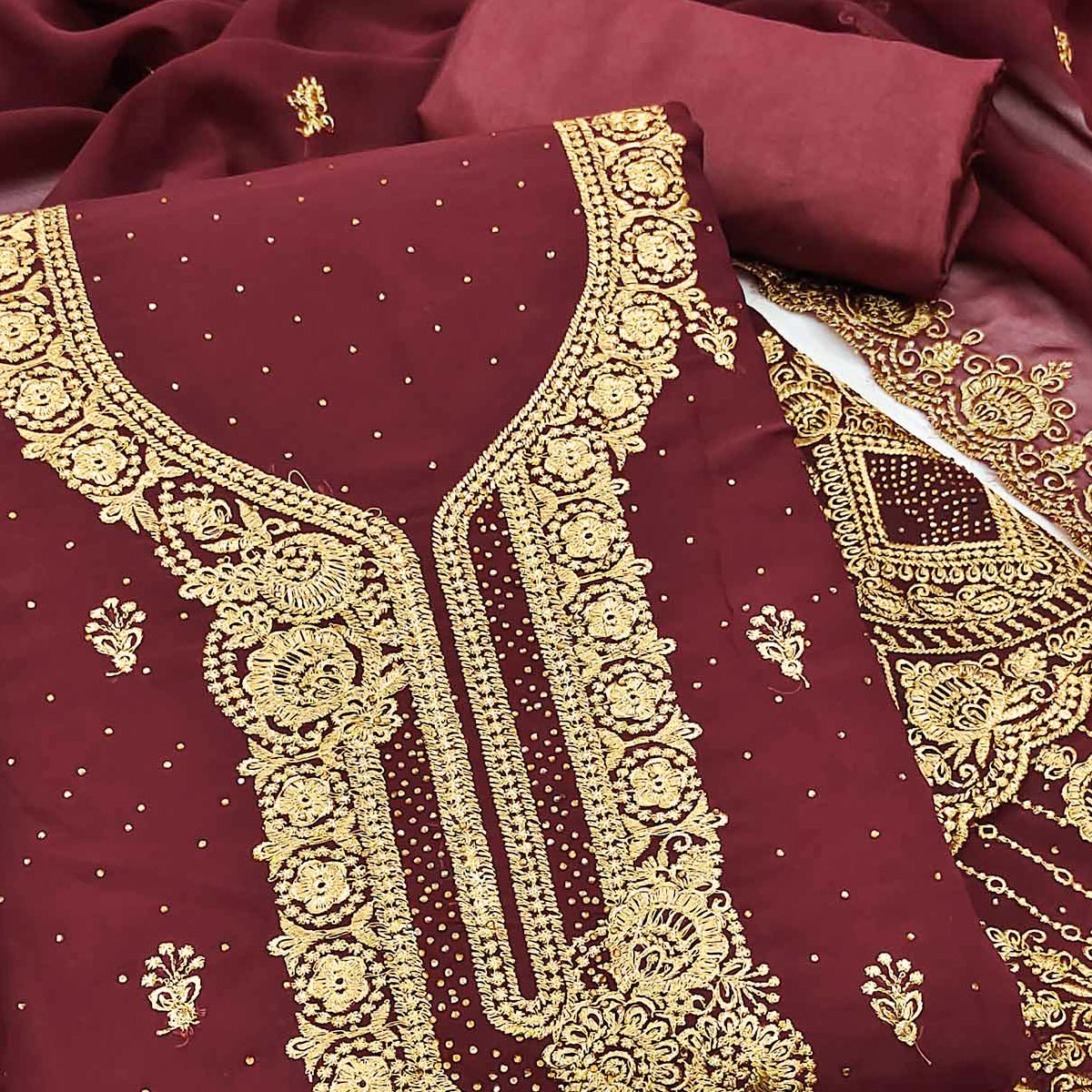 Maroon Embroidered With Swarovski Work Georgette Dress Material