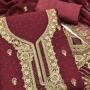 Maroon Embroidered With Swarovski Work Georgette Dress Material