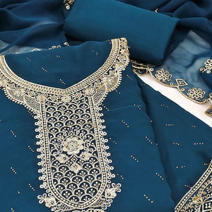 Blue Floral Embroidered With Swarovski Work Georgette Dress Material