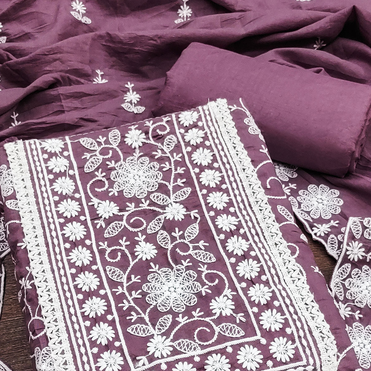 Dark Mauve Floral Embroidered Art Silk Dress Material