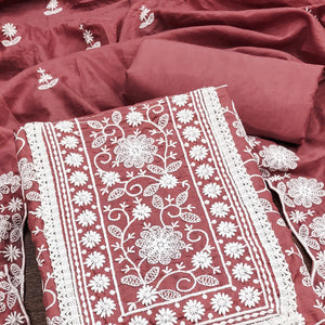 Dusty Rose Pink Floral Embroidered Art Silk Dress Material