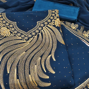 A Mesmerizing Creation Morpich Blue Floral Embroidery With Stone Work Georgette Dress Material