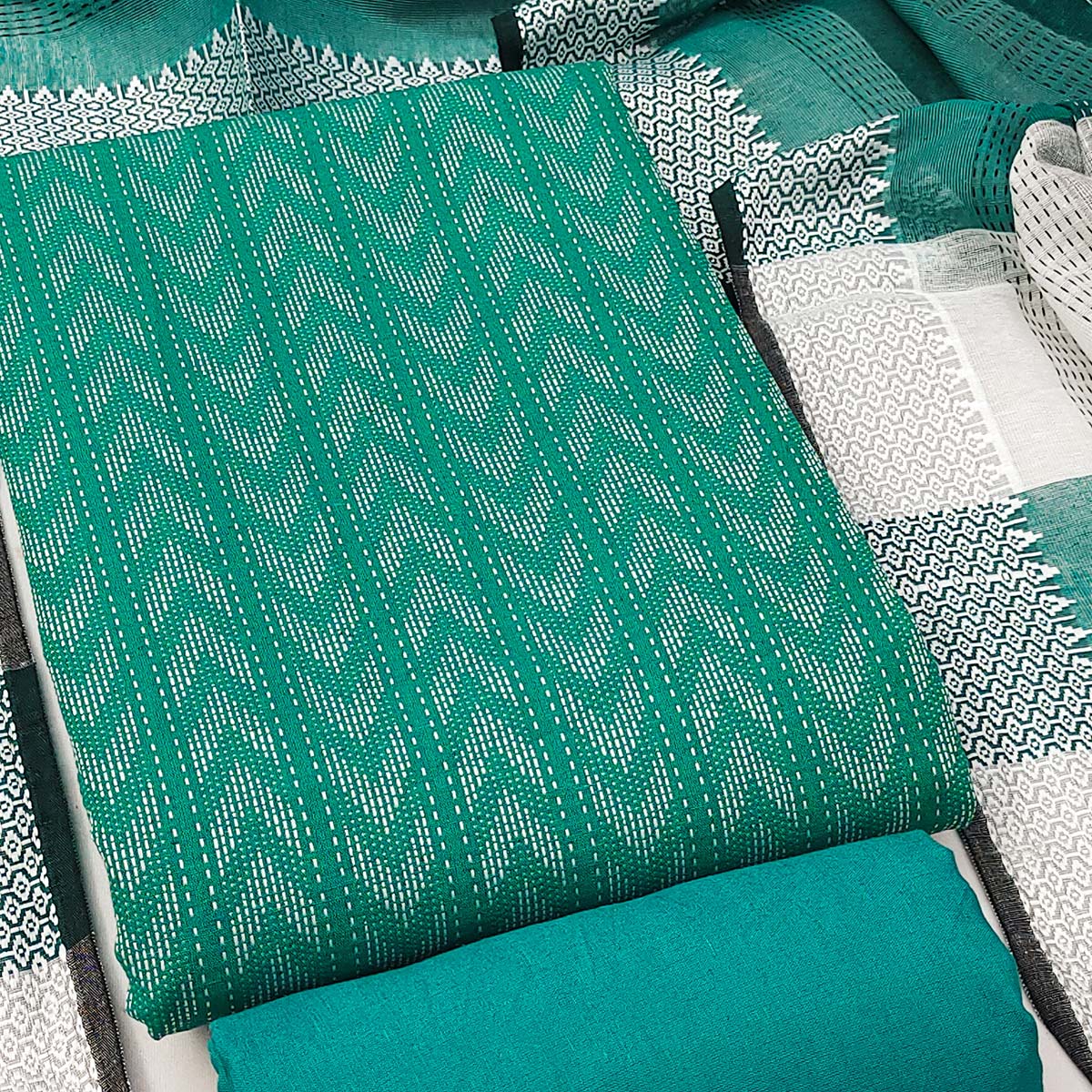 The Perfect Blend Of Grace Rama Green Chevron Woven Pattern Cotton Blend Dress Material