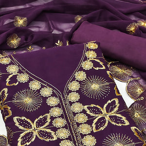 Wine Georgette Dress Material Featuring Delicate Floral Zari Embroidery