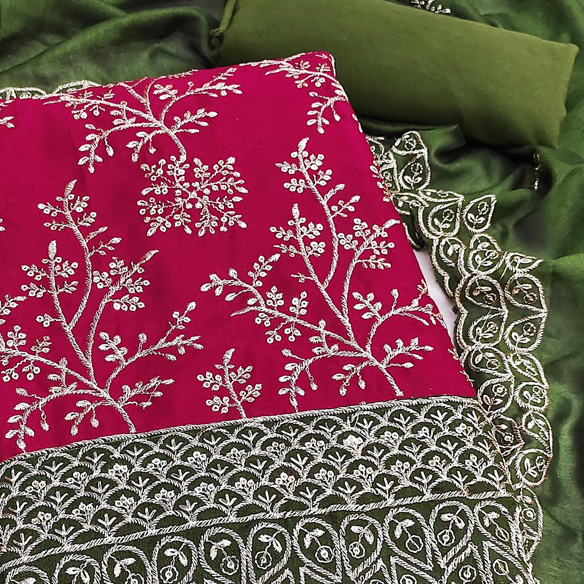 Pink Vichitra Silk Dress Material With Exquisite Sequins & Zari Embroidery